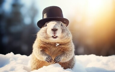 Cute fluffy smiling groundhog wearing a black top hat, standing on the snow in the sunlight on blurred background. Happy groundhog day banner or poster. De focus, copy space. AI Generative
