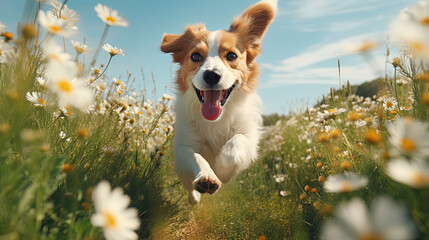 Happy dog running at the camera in a blossoming flower meadow on sunny summer day. - Powered by Adobe