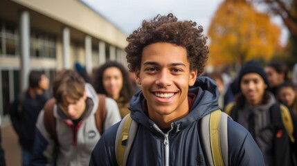 Young Man African American people in high school campus taken by photographer - obrazy, fototapety, plakaty