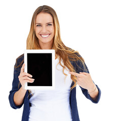 Portrait of happy woman, tablet and pointing isolated on transparent png background for website promo. Model, mockup and digital app for online technology, application or announcement on screen