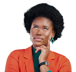 Thinking, idea and black woman planning solution on isolated, transparent or png background. Why,...