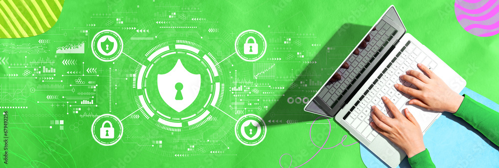 Poster cyber security theme with person using a laptop computer