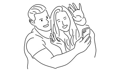 line art of couple taking a selfie using smartphone