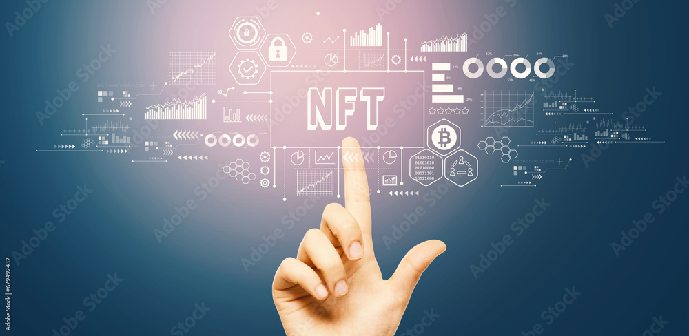 Poster nft theme with hand pressing a button on a technology screen