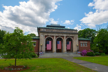 Fototapeta na wymiar Lawrence Library is the public library at 15 Main Street in historic town center of Pepperell, Massachusetts MA, USA. 