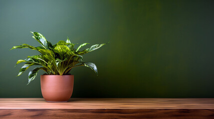 Render of a wooden table, potted plant, and lush green wall backdrop