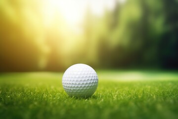 Close up photo of a golf ball on tee with blurred green bokeh background. Perfect for use in golf related advertising, social media posts, or website designs.