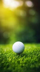 Obraz premium Close up photo of a golf ball on tee with blurred green bokeh background. Perfect for use in golf related advertising, social media posts, or website designs.