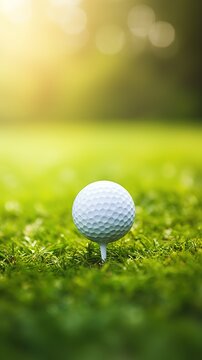 Close up photo of a golf ball on tee with blurred green bokeh background. Perfect for use in golf related advertising, social media posts, or website designs.