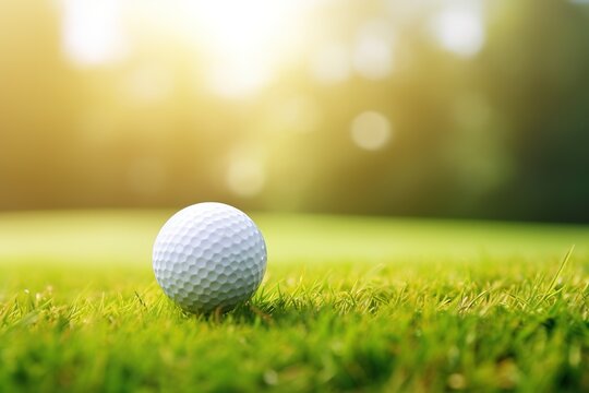 Close up photo of a golf ball on tee with blurred green bokeh background. Perfect for use in golf related advertising, social media posts, or website designs.
