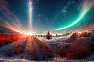 Fantastic winter landscape with snow covered trees and aurora borealis