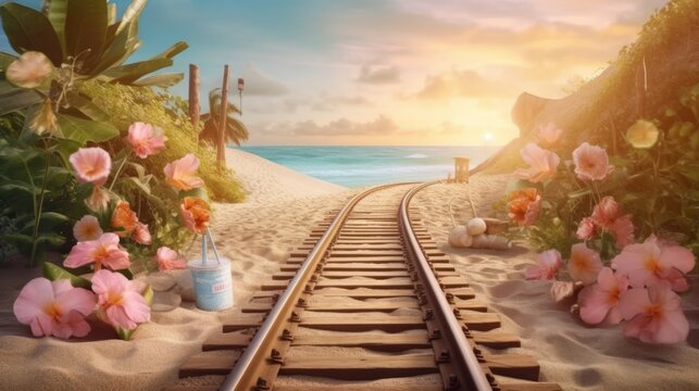Railway tracks on the beach with flowers and blue sky background.