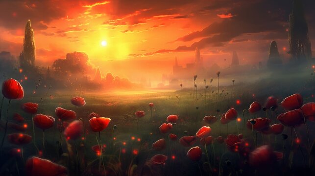 Fantasy landscape with red poppies in the meadow at sunset