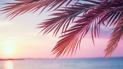 Palm leaves on tropical sunset beach background. Summer and travel concept. Generative ai.