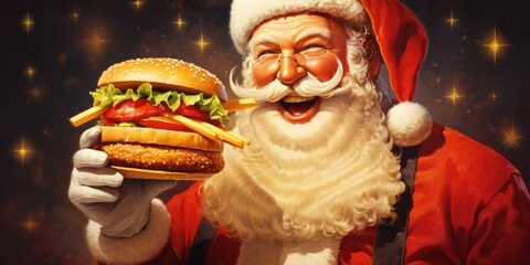 Funny Santa Claus with french fries and burger in hand, Ready for christmas fastfood. - obrazy, fototapety, plakaty
