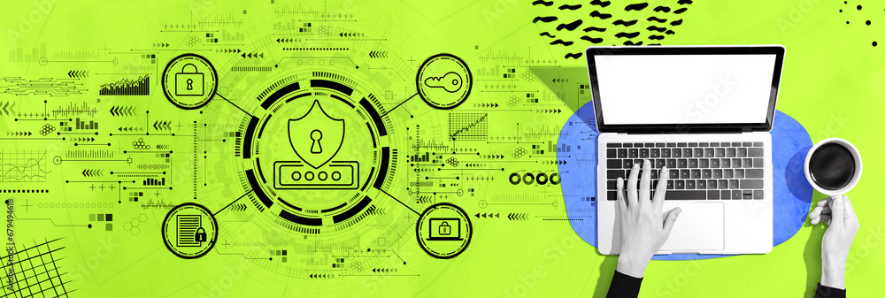 Poster cyber security theme with person using a laptop computer