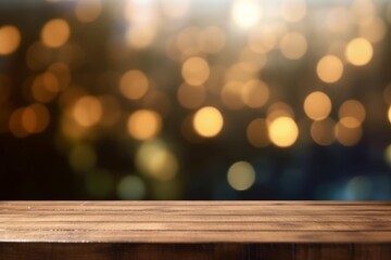 Wooden table in front of abstract blurred bokeh light background