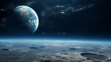 Fototapeta na wymiar Moon landing, sci-fi, photorealistic, no atmosphere, earth in the sky.