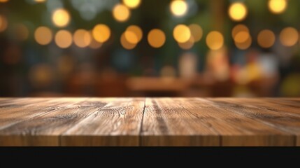 Empty wooden table and bokeh lights background. For product display