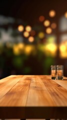 Empty wooden table in front of blurred background of restaurant or coffee shop