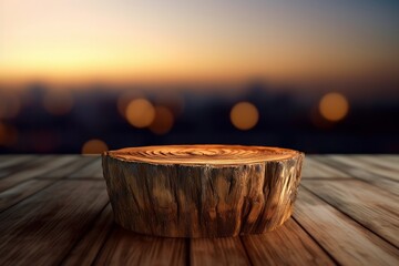 Wooden product stand on wooden table in front of blurred cityscape background