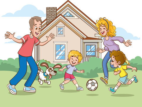 Happy family with kids in front of their house. Vector illustration.