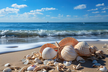 Fototapeta na wymiar Starfish and seashells on the beach. Generative Ai