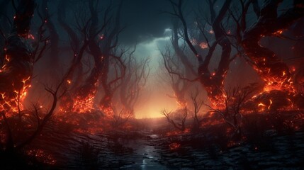 a cybernetic wildfire spreading through an artificial forest