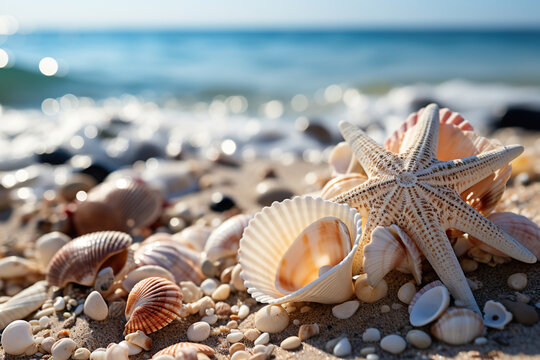 Starfish and seashells on the beach. Generative Ai