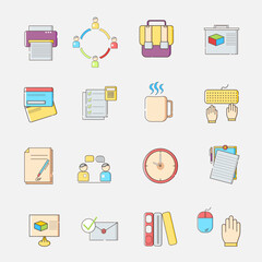 Set Of 16 Office and Workplace colorful design. Business, Employe, Document, Project, Employe, mail, bank, coffee, watch, keyboard, editable. Vector illustration EPS10