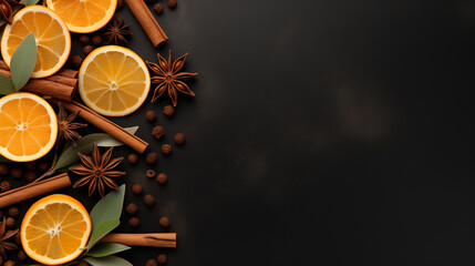 minimalist photo orange slices, cinnamon sticks, star anise, branches, cones on black table background, top view