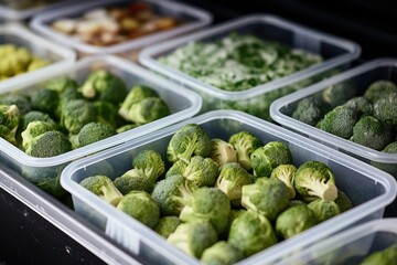 Containers with frozen vegetables in refrigerator. Generative AI