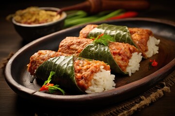 Arem-arem, a traditional Indonesian food made from rice filled with vegetables, chicken in banana leaves. Generative AI