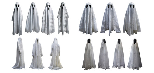 collection of  various white realistic ghosts, png, isolated on a transparent background . cutout or clipping path.	