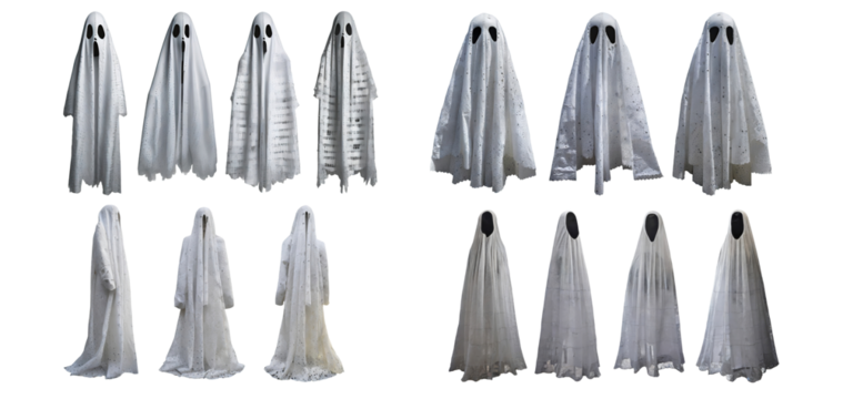 collection of  various white realistic ghosts, png, isolated on a transparent background . cutout or clipping path.	