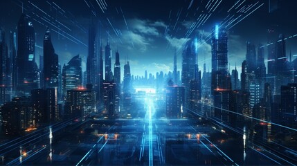 Naklejka premium A digital city grapples with a massive blackout triggered by a cyber-attack on its infrastructure