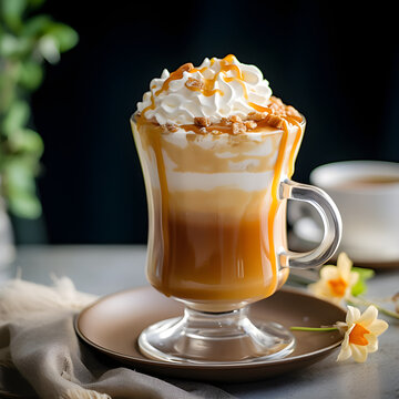 A latte with salted caramel and whipped cream