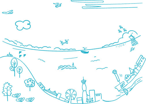 青い海と青い空の港町のイメージ　イラスト素材	
