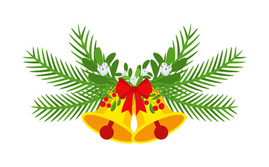 Christmas garland with bells and plant branches, flowers and berries.