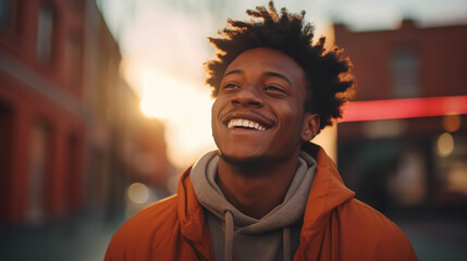 Fototapeta premium Close up portrait photo of young stylish happy African American cool hipster guy face laughing on red city wall lit with sunlight. Smiling cheerful model standing outdoors. Made with generative ai