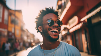 Close up portrait photo of young stylish happy African American cool hipster guy face laughing on red city wall lit with sunlight. Smiling cheerful model standing outdoors. Made with generative ai