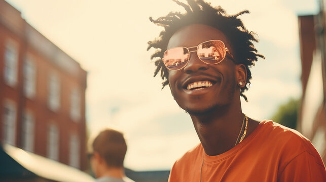 Close up portrait photo of young stylish happy African American cool hipster guy face laughing on red city wall lit with sunlight. Smiling cheerful model standing outdoors. Made with generative ai
