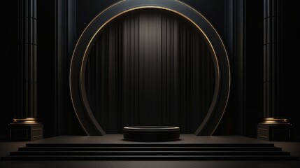 A 3D black geometric stage podium with a dark background that is used for a religious ceremony or ritual.
