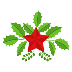 Christmas wreath design element with red star. Spruce evergreen branch