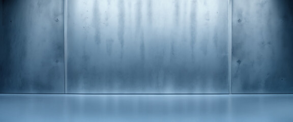 金属の壁と青い床。アルミ、スチール、グラデーション、光、アンビエント