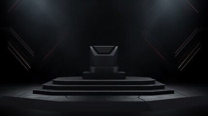A 3D black geometric stage podium with a dark background that is used for a scientific conference or lecture.