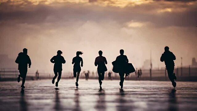 Group of People Silhouettes running in slow motion
