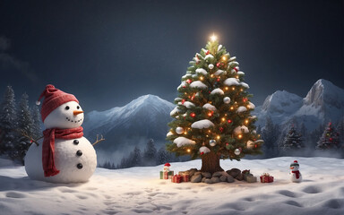 Obraz premium snowman on the snow with Christmas tree