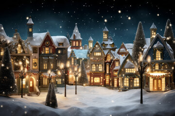 A charming Christmas village covered in snow and lights, featuring vignetting, dark sky-blue, and light bronze hues, creating a cute and dreamy atmosphere.