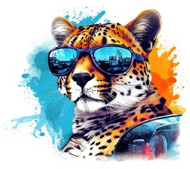 tiger in the water sportscar wearing sunglasses and covered in tatoos, hand drawn, vibrant colors